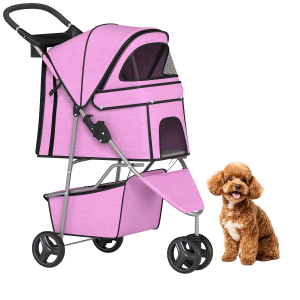 3 Wheels Pet Dog Stroller Cat Cage for Medium Small Dogs Cats Travel Folding Carrier Waterproof Puppy Stroller with Cup Holder & Removable Liner,Pink