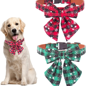 2 Pack Christmas Dog Collar with Bow Tie, Classic Plaid Red Green Dog Collars with Removable Bowtie Christmas Collars for Large Dogs Pets (Large)